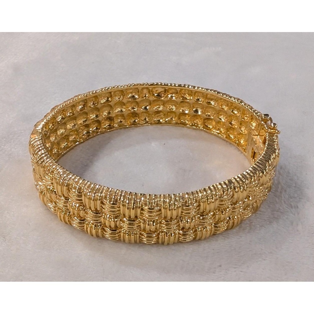 Gold Tone Basket Weave Hinged Bangle Bracelet Woven Textured Statement Jewelry